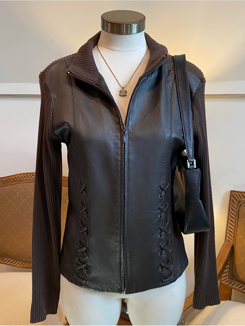 Vintage 90s Brown Leather & Cotton Knit Zip-Up Jacket M Corset Details Grunge